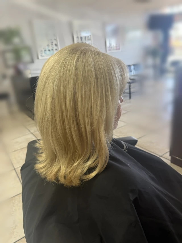 Shoulder-length blonde layered hair with curved ends, viewed from behind at an angle.