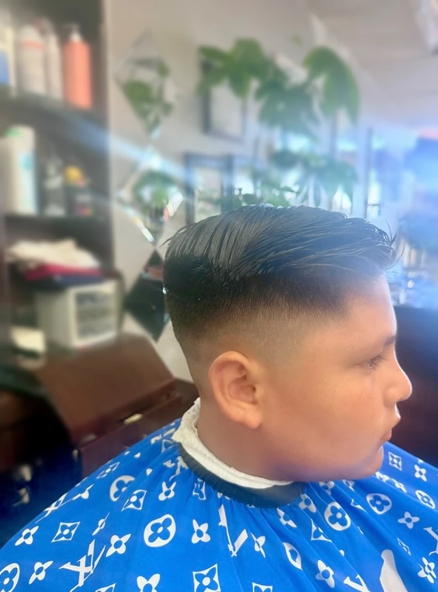 Boy's haircut with a combed-back top and faded sides, viewed in profile.