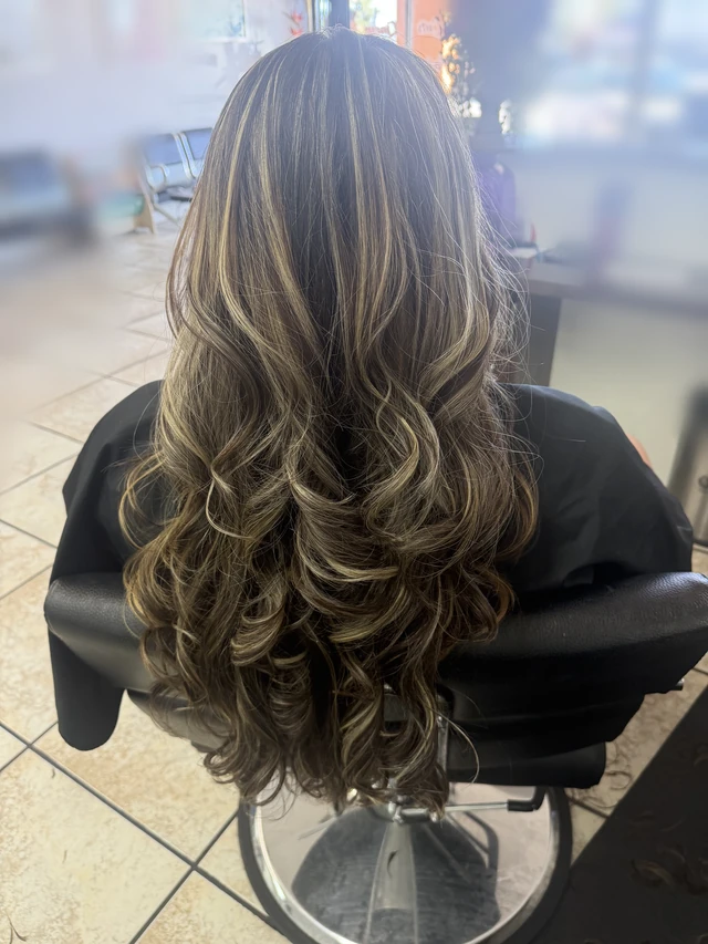 Long dark curls with golden highlights, viewed from behind.