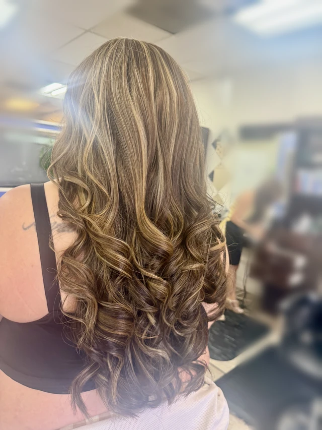 Long brunette curls with blonde highlights, viewed from behind.