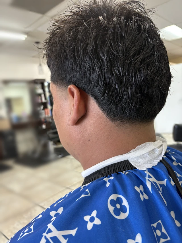 Short textured haircut with a tapered nape, viewed from the rear side.