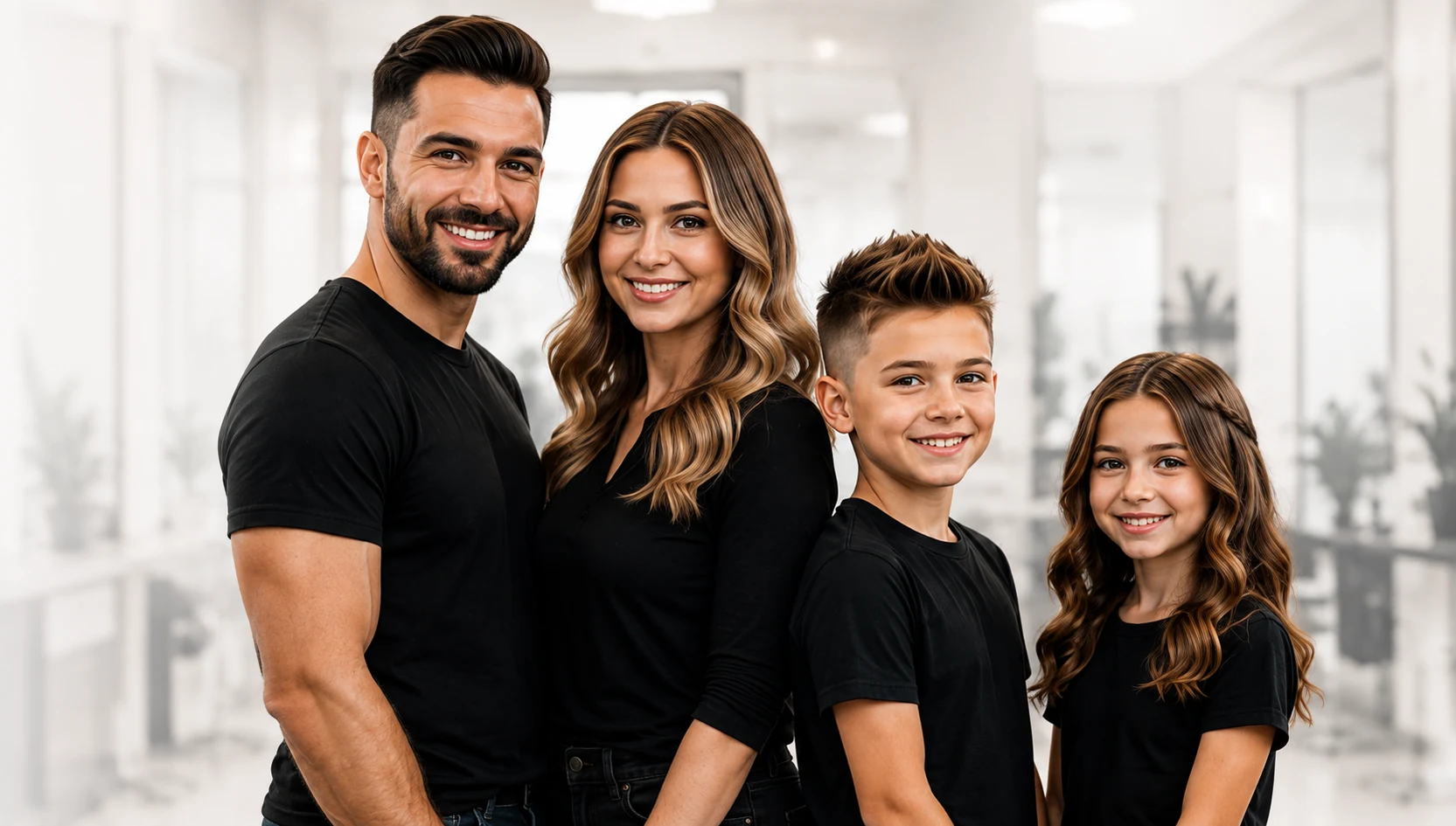Two adults and two children with styled hair